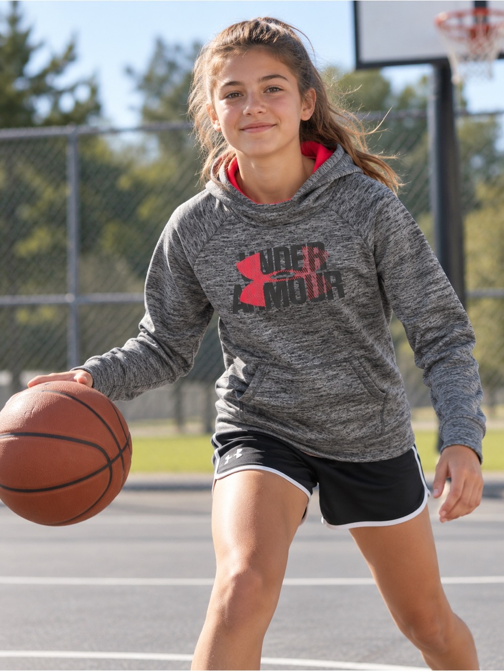 Under Armour ColdGear Youth Hoodie Heather Gray & Red – Age 14-16 YLG